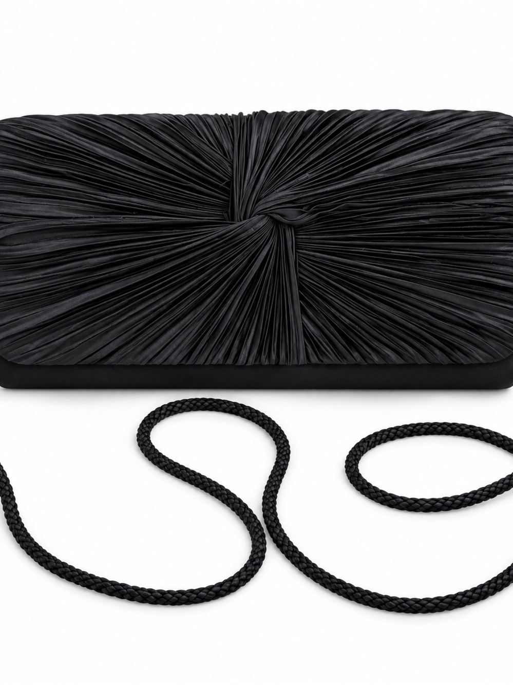 Black Pleated Knot Evening Clutch with Braided Strap